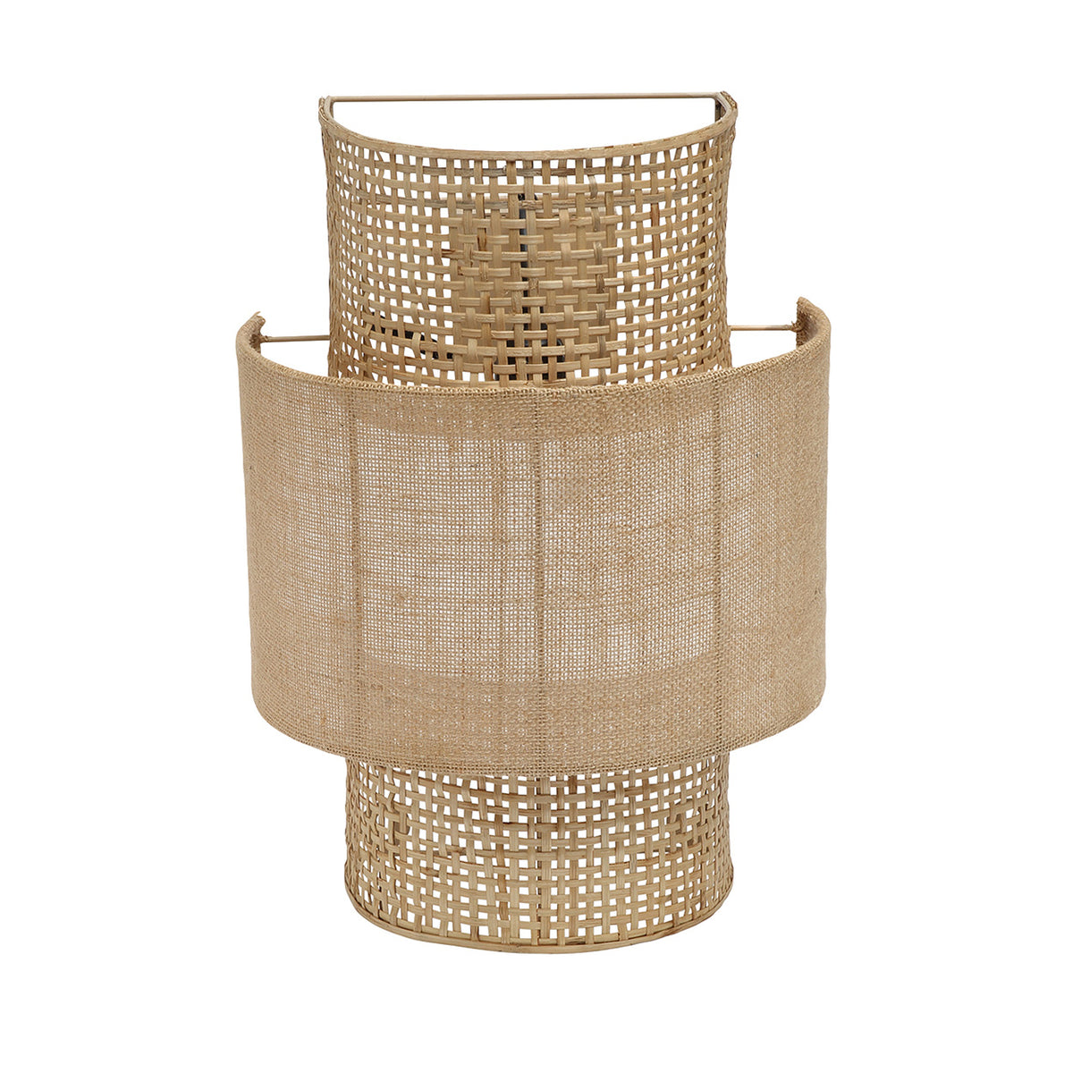 Woven rattan wall lamp on a white background