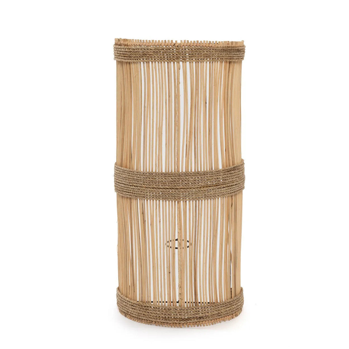 Woven bamboo wall applique with jute trim on a white background