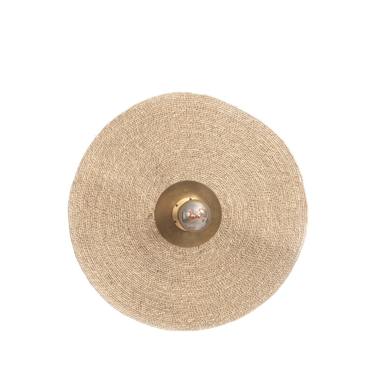 Round woven light fixture on a white background