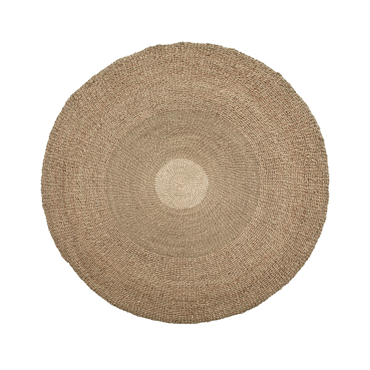 Round woven hand made rug with concentric circle pattern on a white background