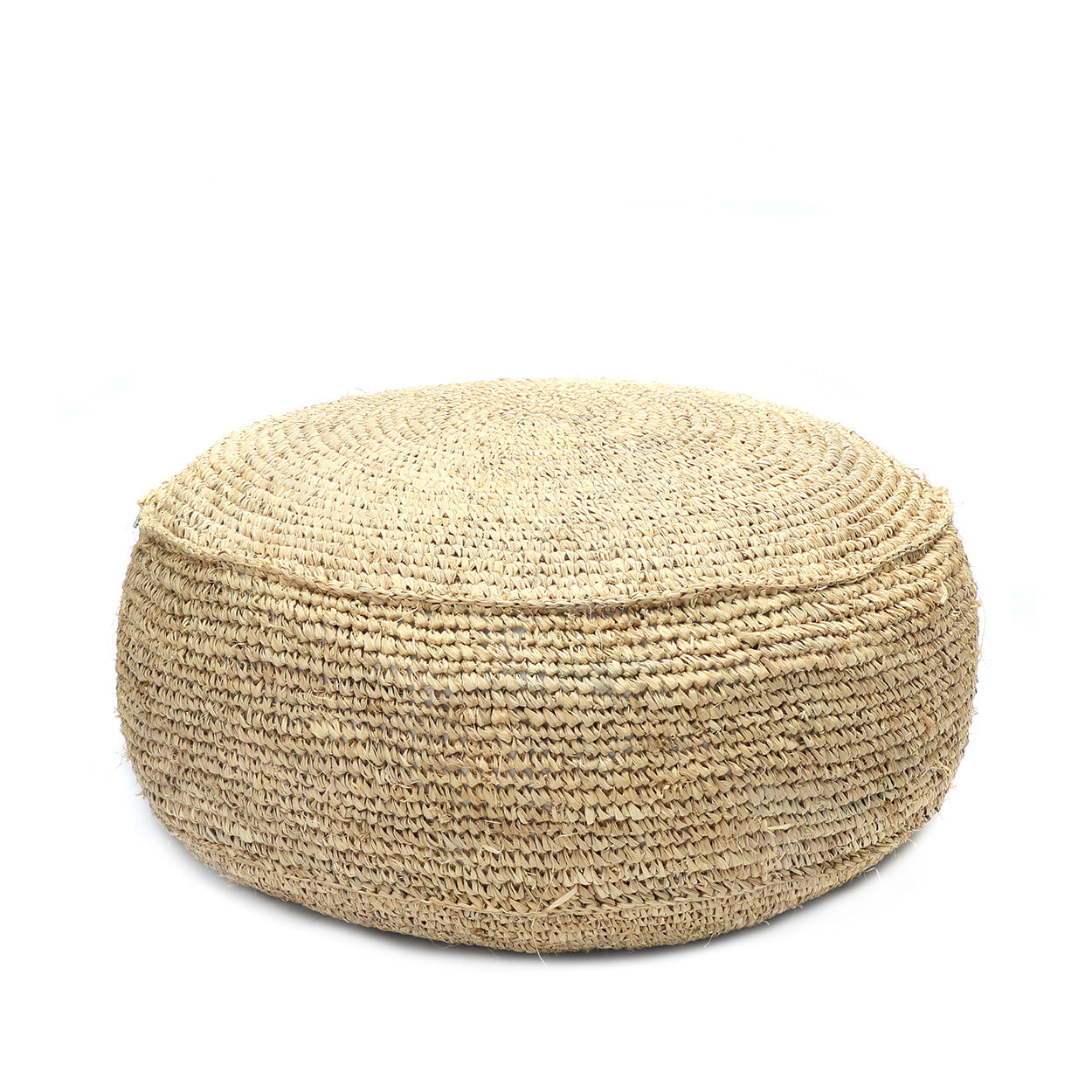 Round woven pouffe on a white background