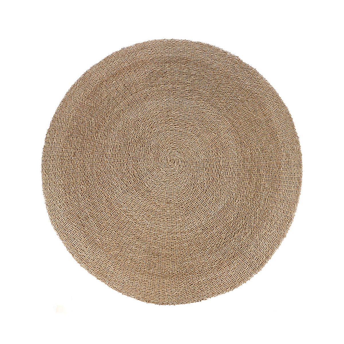Round woven round fibre rug on a white background