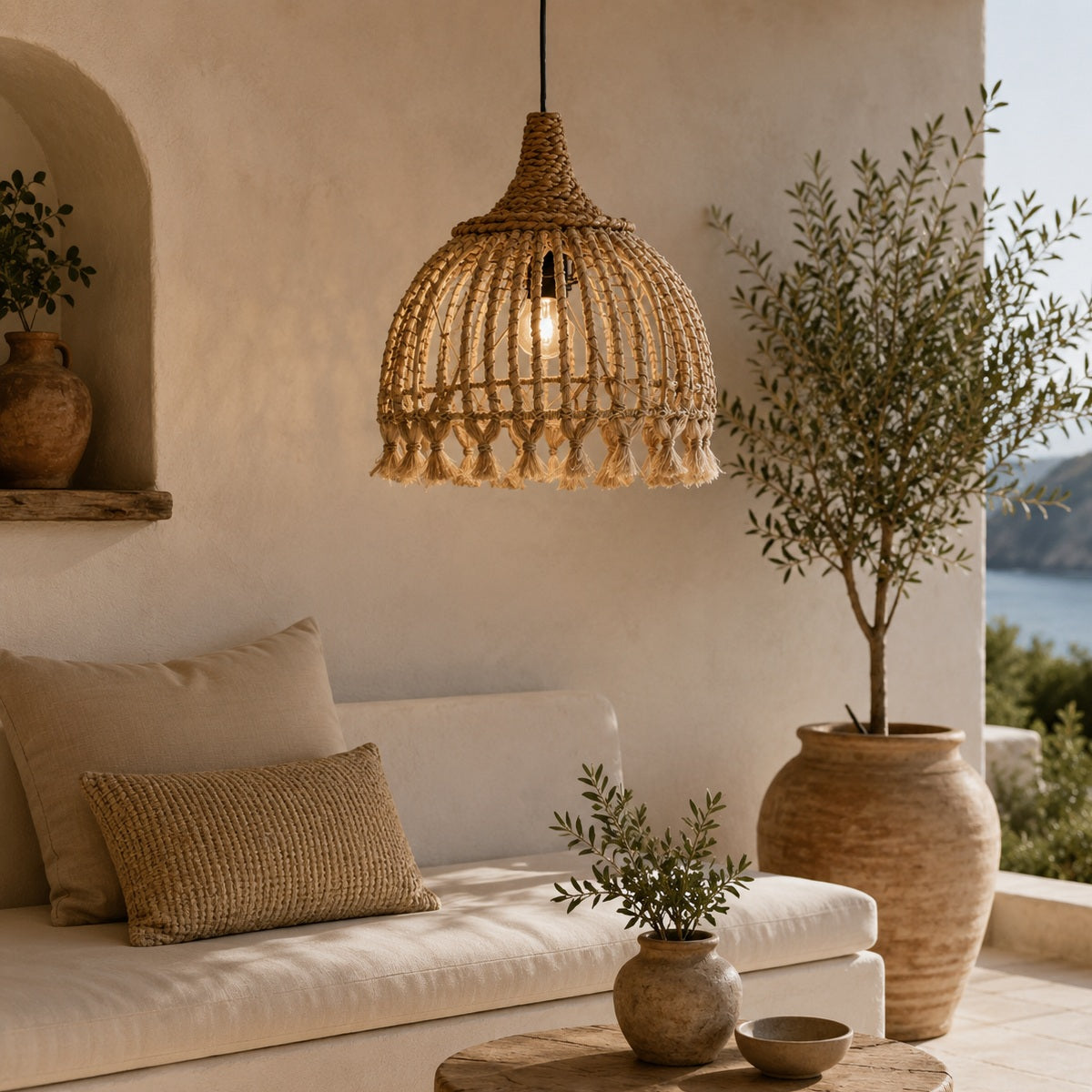 A bohemian-style woven rattan pendant light with a tassel fringe, hanging in a warm, sunlit Mediterranean-style living room with a white sofa, textured pillows, and potted olive trees.