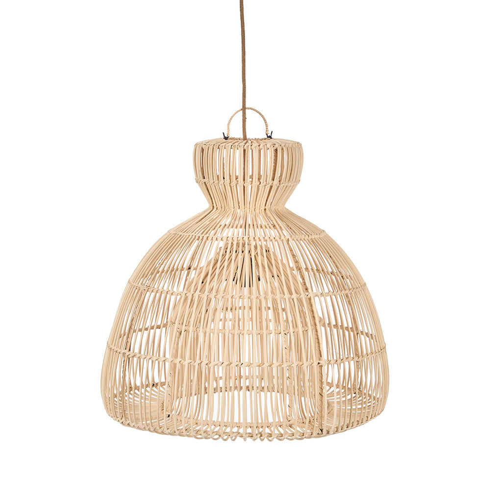 A woven natural-fiber pendant light hangs in a rustic, warm-toned living room with a beige sofa, wooden coffee table, and potted plants.