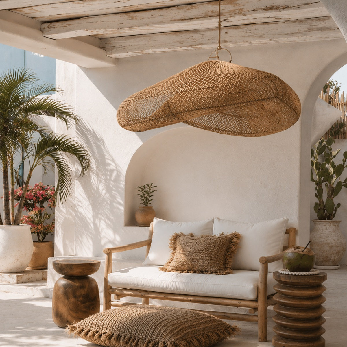 A woven natural-fiber pendant light hangs over a white cushioned wooden lounge chair in a bright, sunlit patio setting with plants, textured pillows, and rustic side tables.