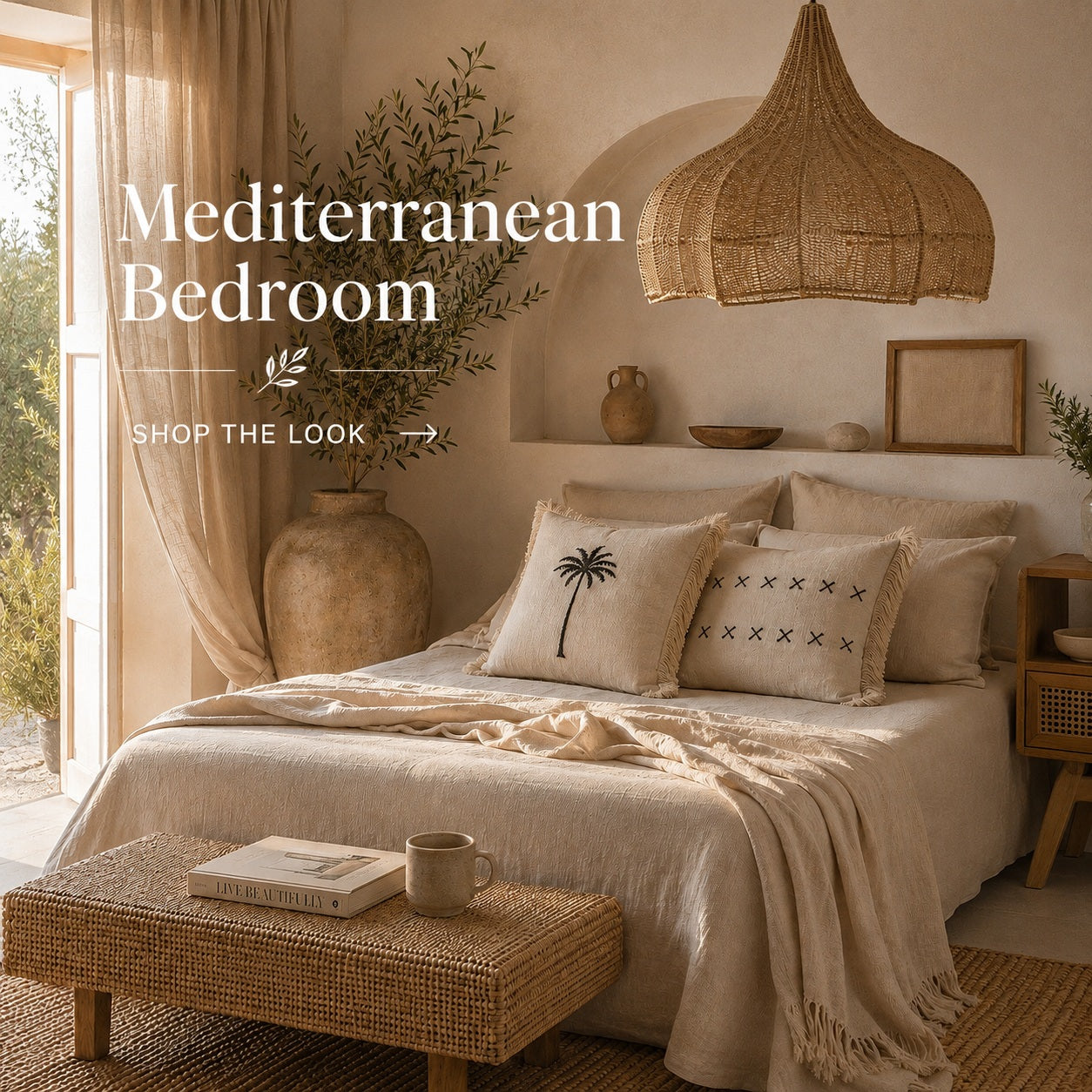 A styled bedroom scene with a bed dressed in cream bedding and decorative pillows, including one with a black palm tree motif. A Bali style woven rattan pendant light hangs above, a wicker bench sits at the foot of the bed, and the room has warm neutral walls, curtains, and decor.