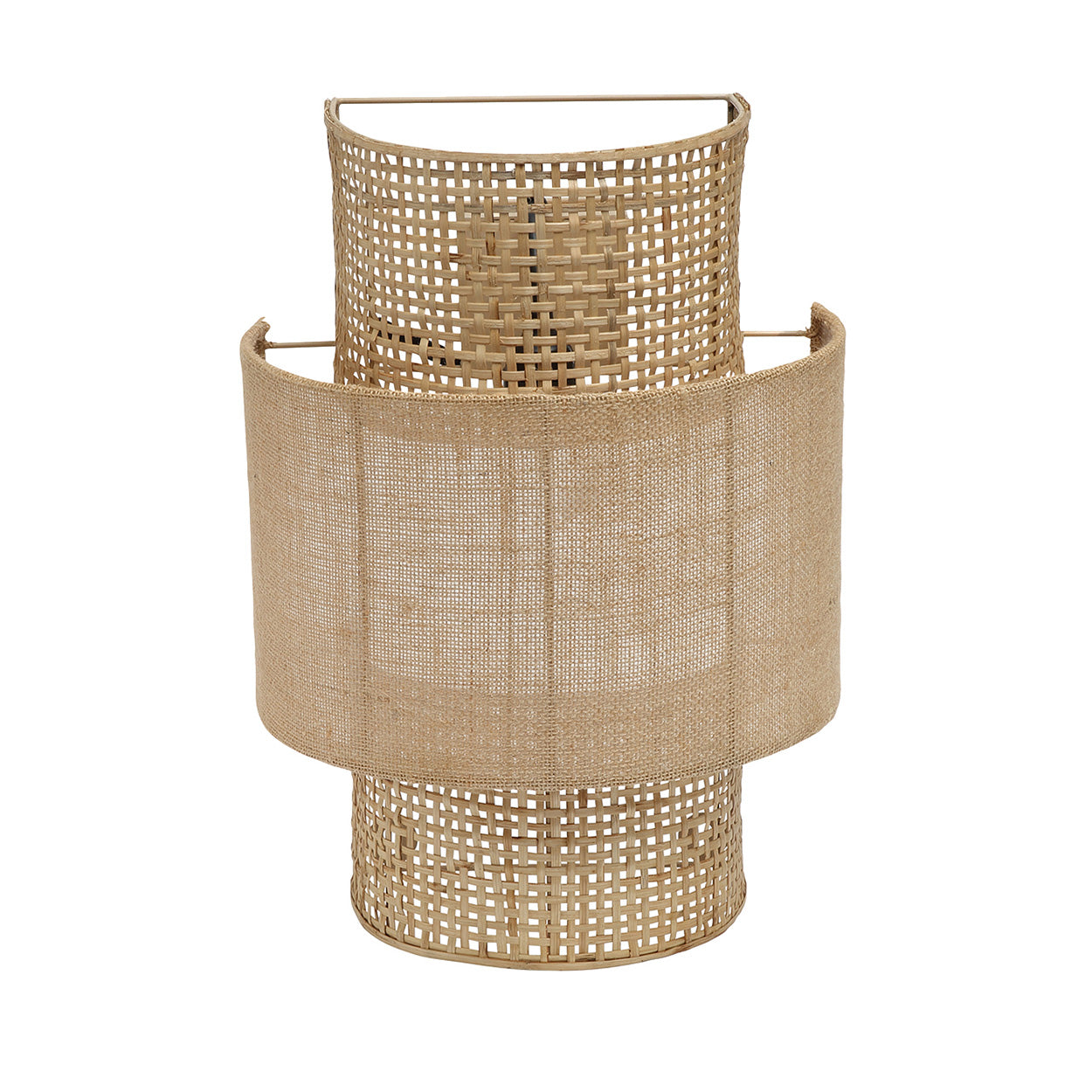 Woven rattan wall lamp on a white background