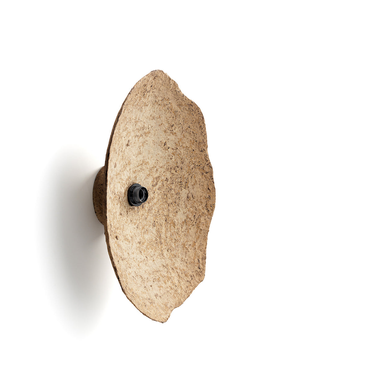 Decorative wall light fixture with a textured beige finish on a white background