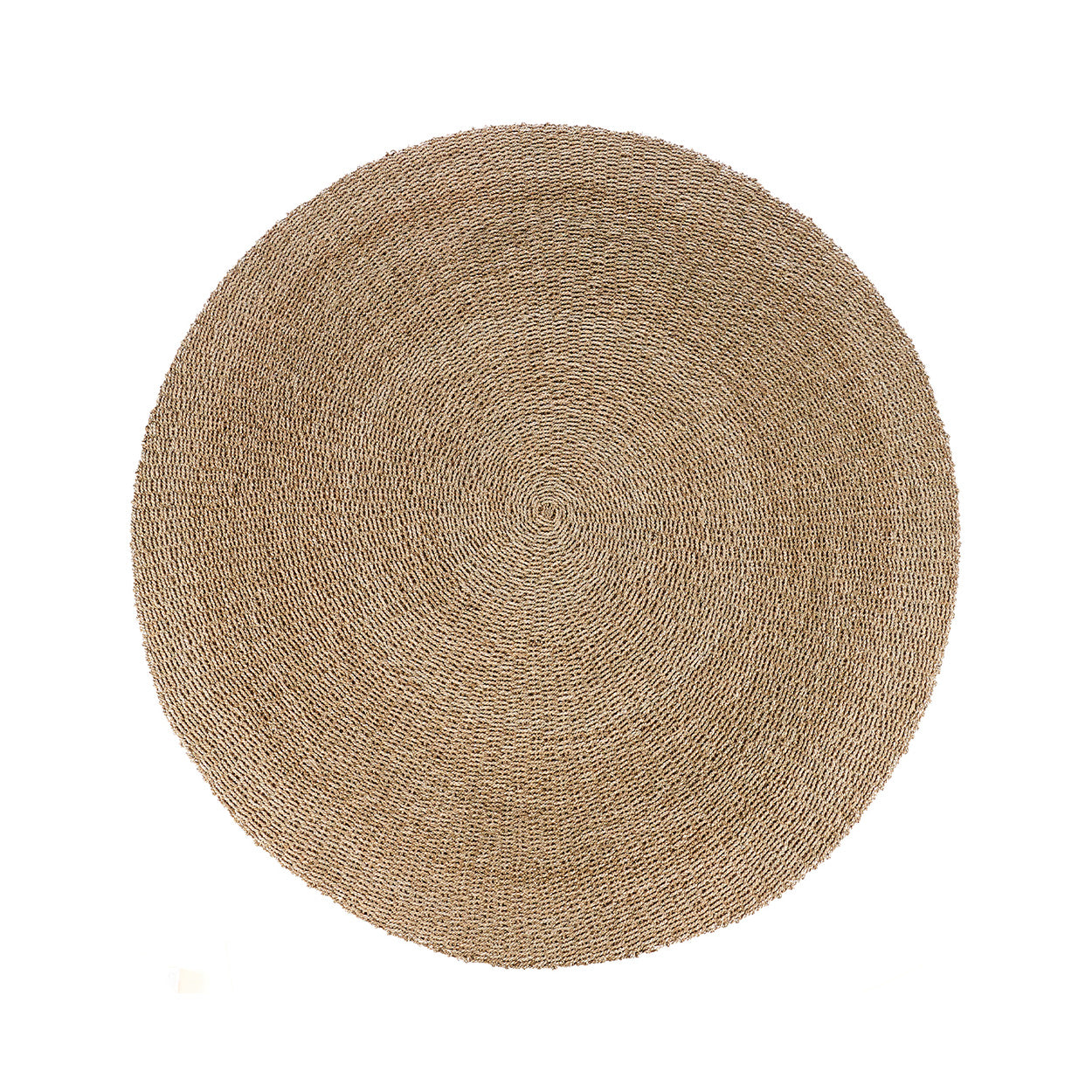 Round woven round fibre rug on a white background