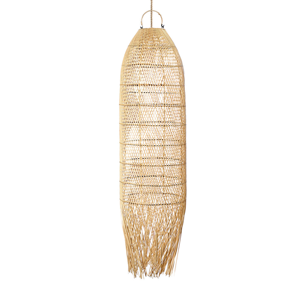 A bohemian-style woven rattan pendant light hangs from a wooden ceiling beam in a sunlit outdoor patio setting next to a swimming pool and a cream chaise lounge.